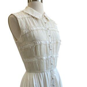 Vintage Pleated Button-down White Day Dress with Collar and Trim Detail